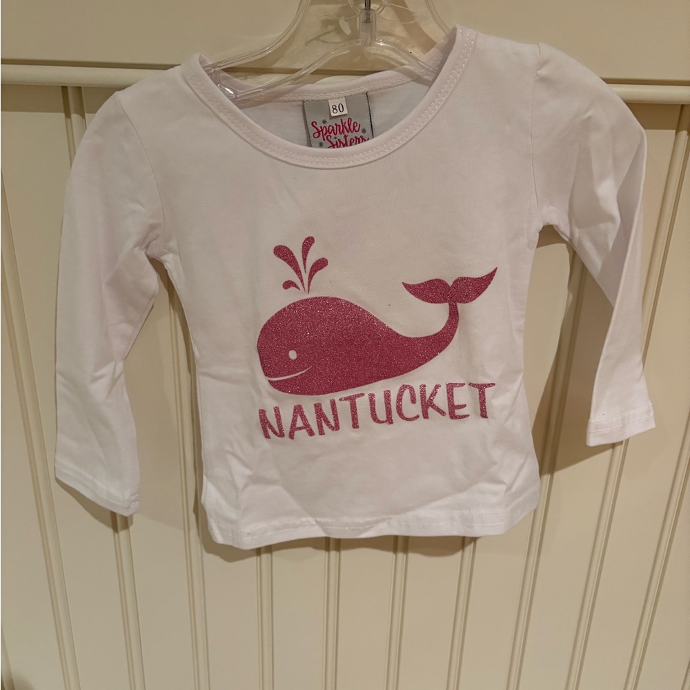 White Long Sleeve Tee with Pink Whale Design and Nantucket